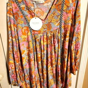 Rusttydustty 1pc Floral Bishop Sleeve Lace Insert Dress